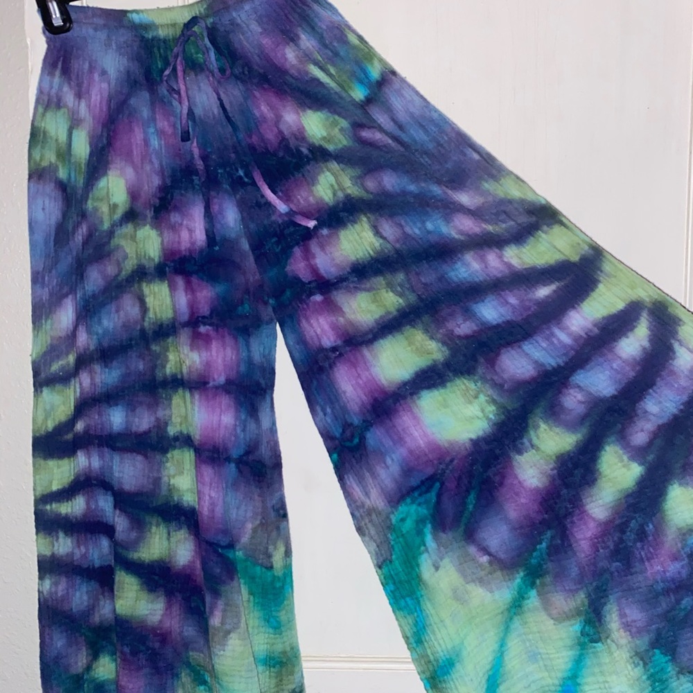 Blue and green tie dye wide leg pants
